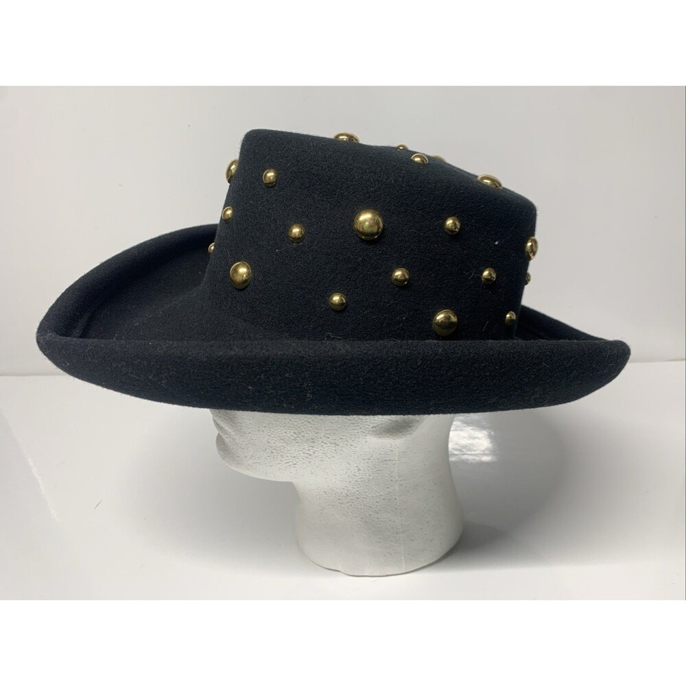 Vintage Bollman Hat Co. 100% Wool Doeskin Felt Hat Black Gold Dome Studs 1980-90